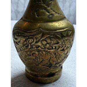 Vintage Ornate Brass Vase Small Dragon Bamboo Floral Etched Home‎ Decor 9.25"
